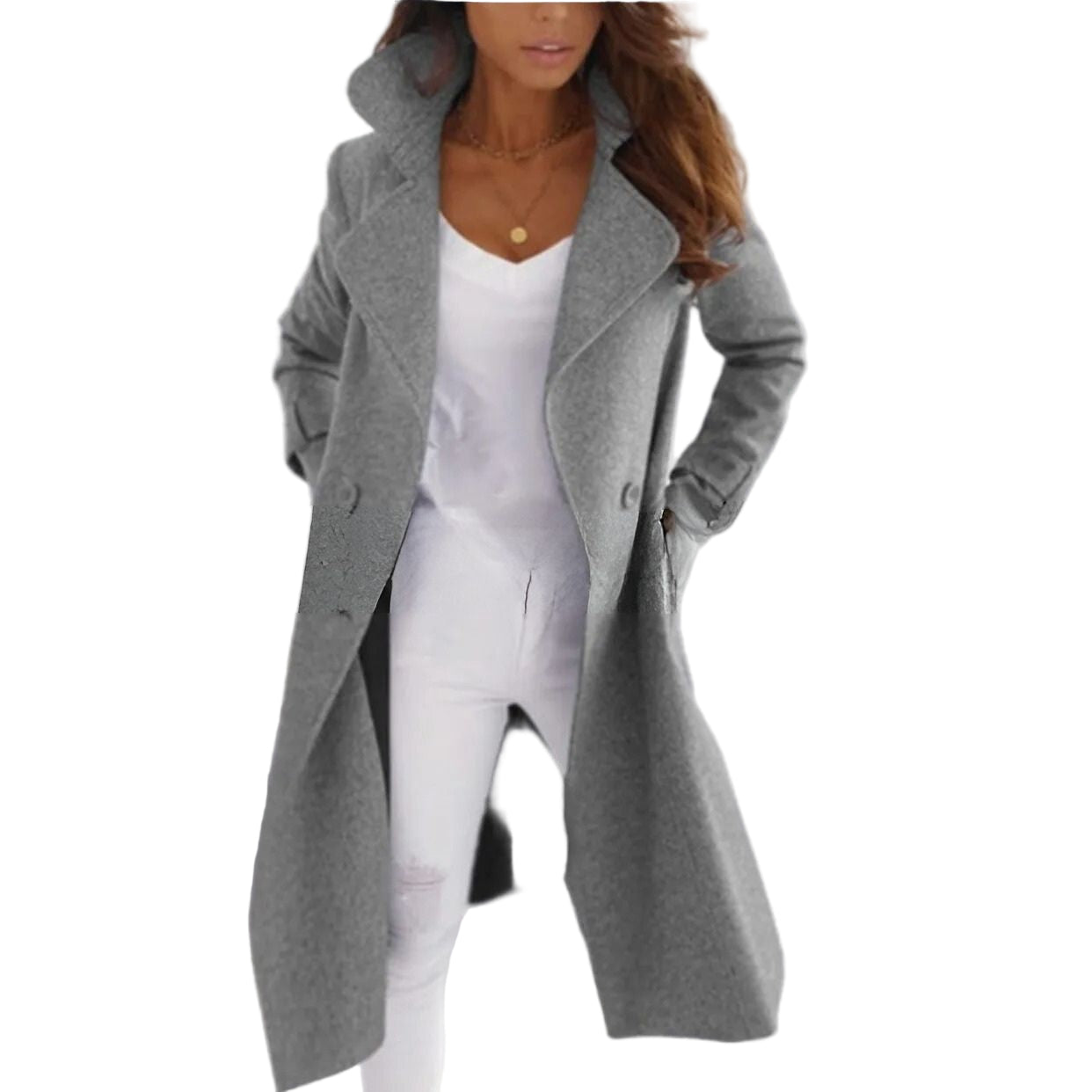 Comfortabele en stijlvolle lange trenchcoat met omgeslagen kraag voor dames