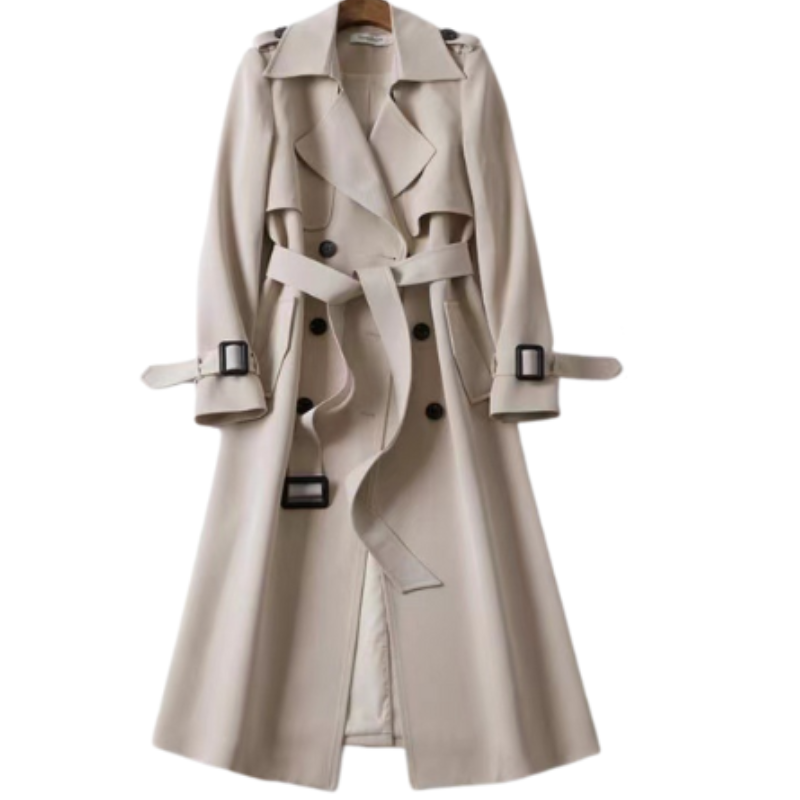 Lange trenchcoat met dubbele rij knopen en riem – elegante damesstijl