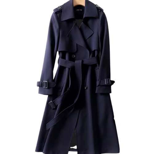 Lange trenchcoat met dubbele rij knopen en riem – elegante damesstijl