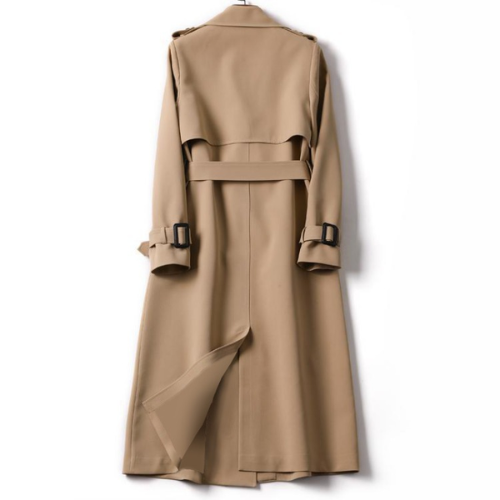 Lange trenchcoat met dubbele rij knopen en riem – elegante damesstijl