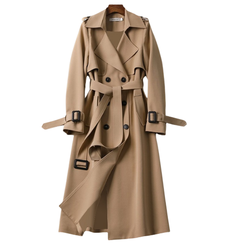 Lange trenchcoat met dubbele rij knopen en riem – elegante damesstijl