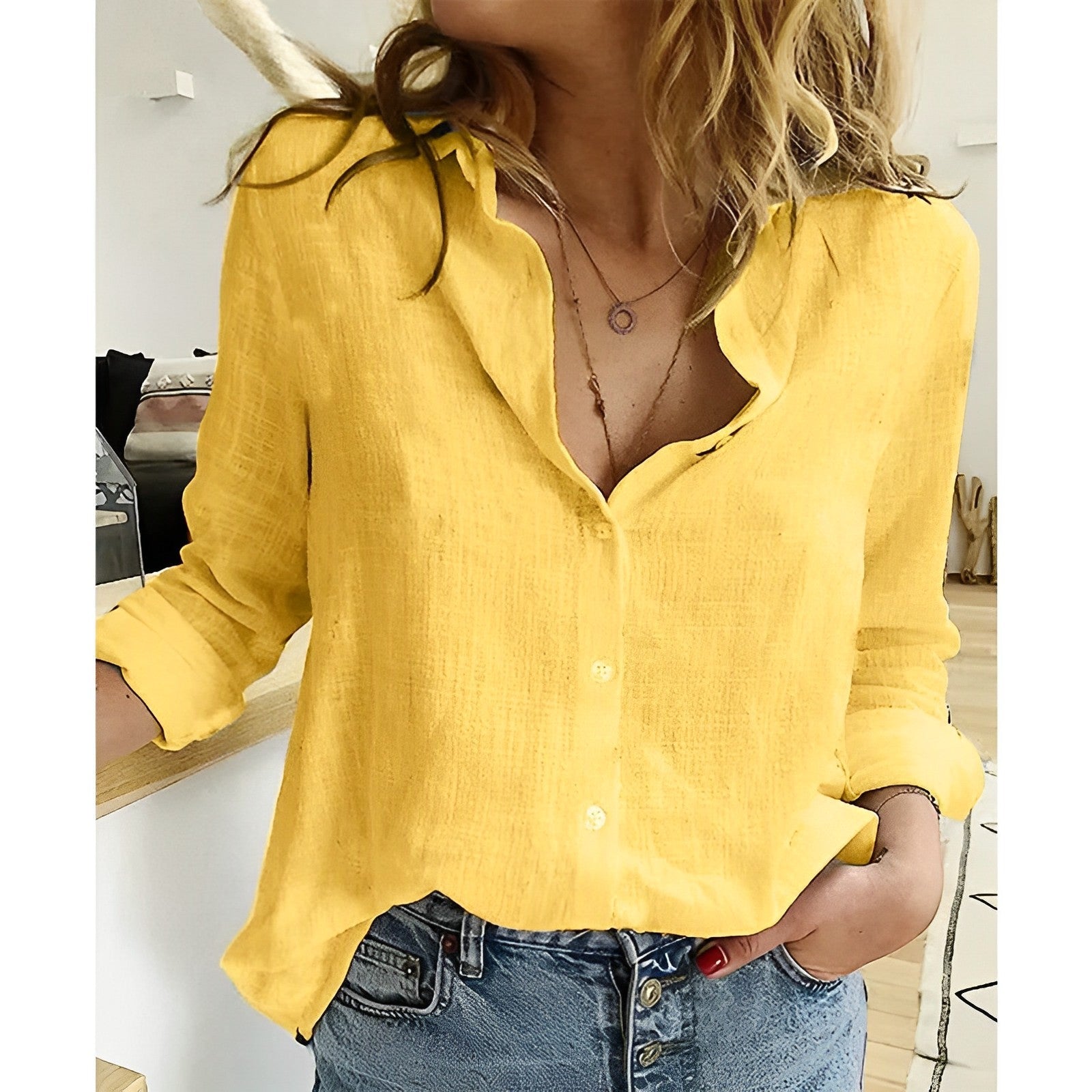 Suzanne | Blouse dames relaxed fit met knoopsluiting - Geel
