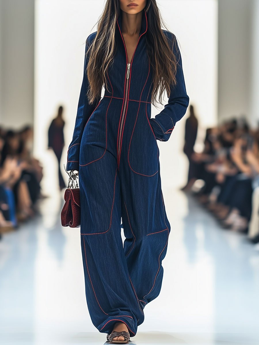 Suzanne | Spijker jumpsuit dames met wijde pijpen - Donkerblauw