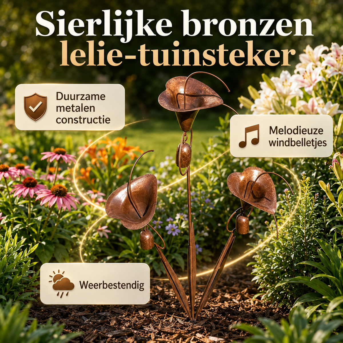 Sven | Metalen tuinsteker met calla lelies en belletjes - foto 3