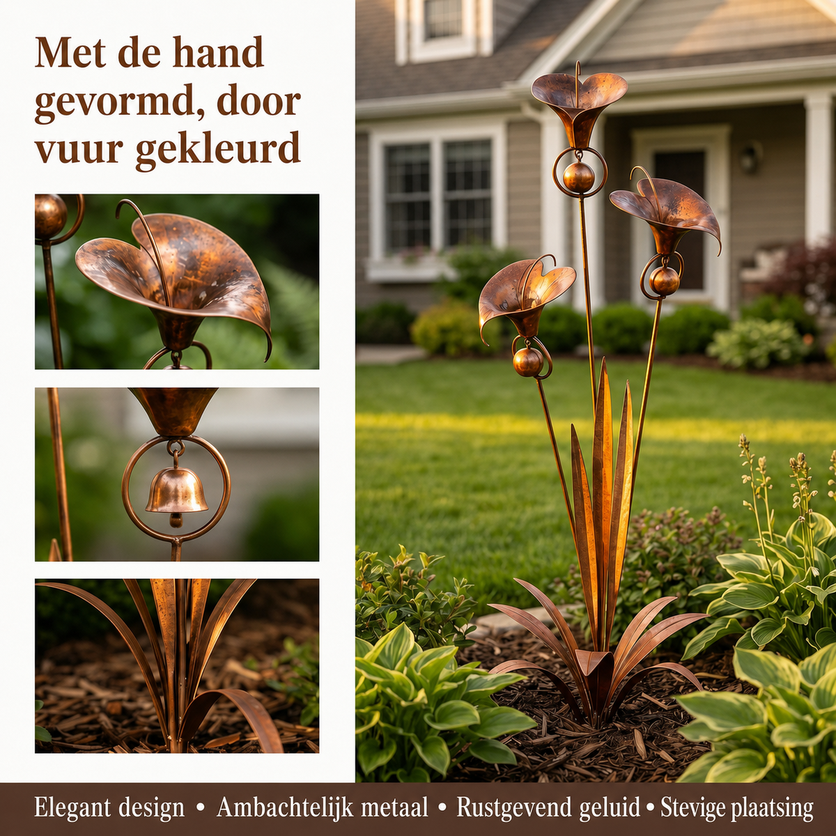 Sven | Metalen tuinsteker met calla lelies en belletjes - foto 5