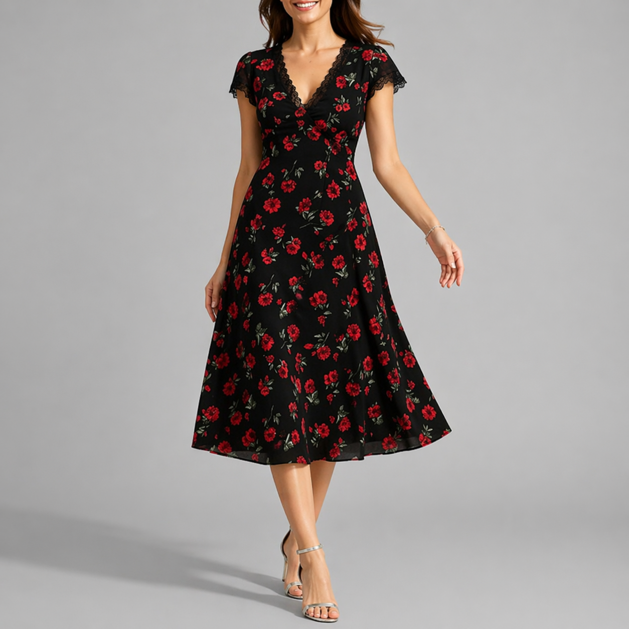 Tess | Midi jurk voor dames met bloemenprint - Bloemenzwart