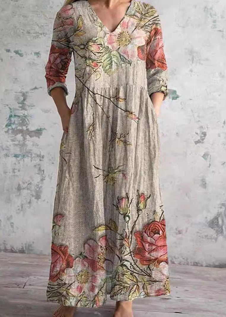 Vera | Maxi jurk met bloemen en V-hals - Beige