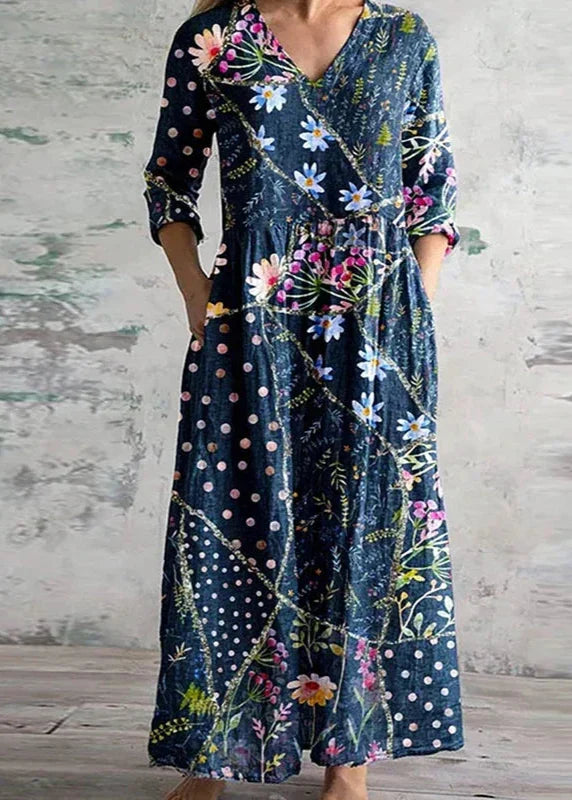 Vera | Maxi jurk met bloemen en V-hals - Blauw