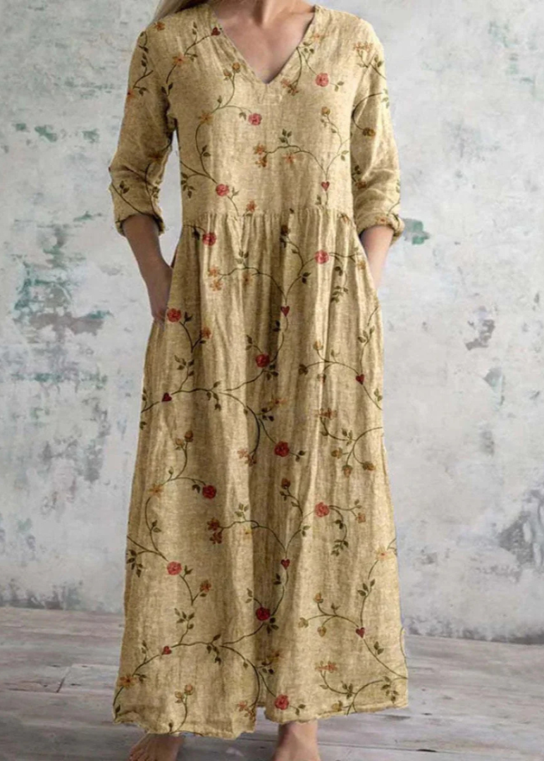 Vera | Maxi jurk met bloemen en V-hals - Geel