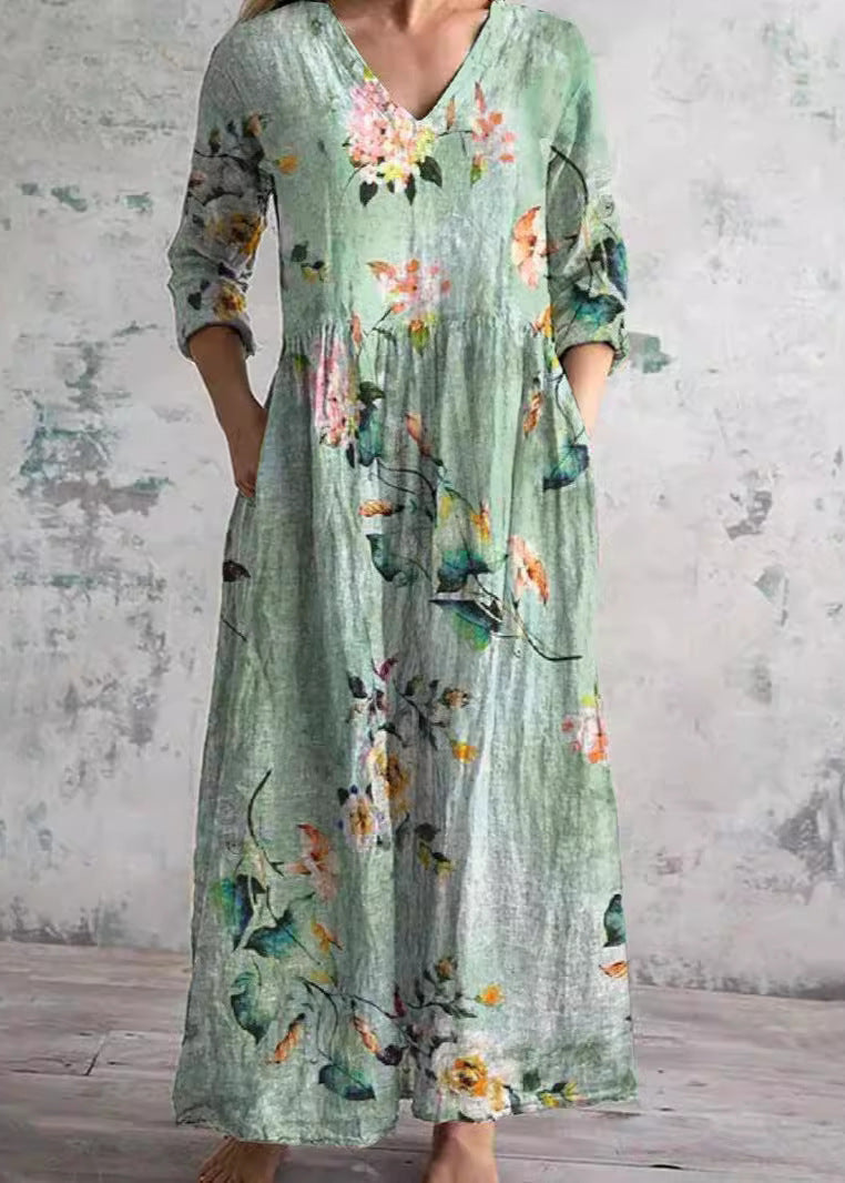 Vera | Maxi jurk met bloemen en V-hals - Lichtgroen