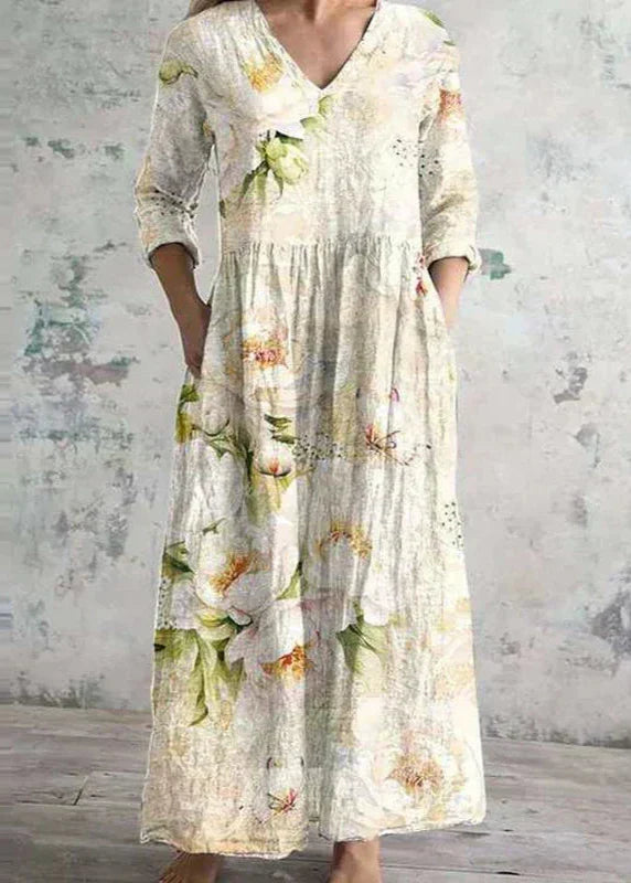 Vera | Maxi jurk met bloemen en V-hals - Wit