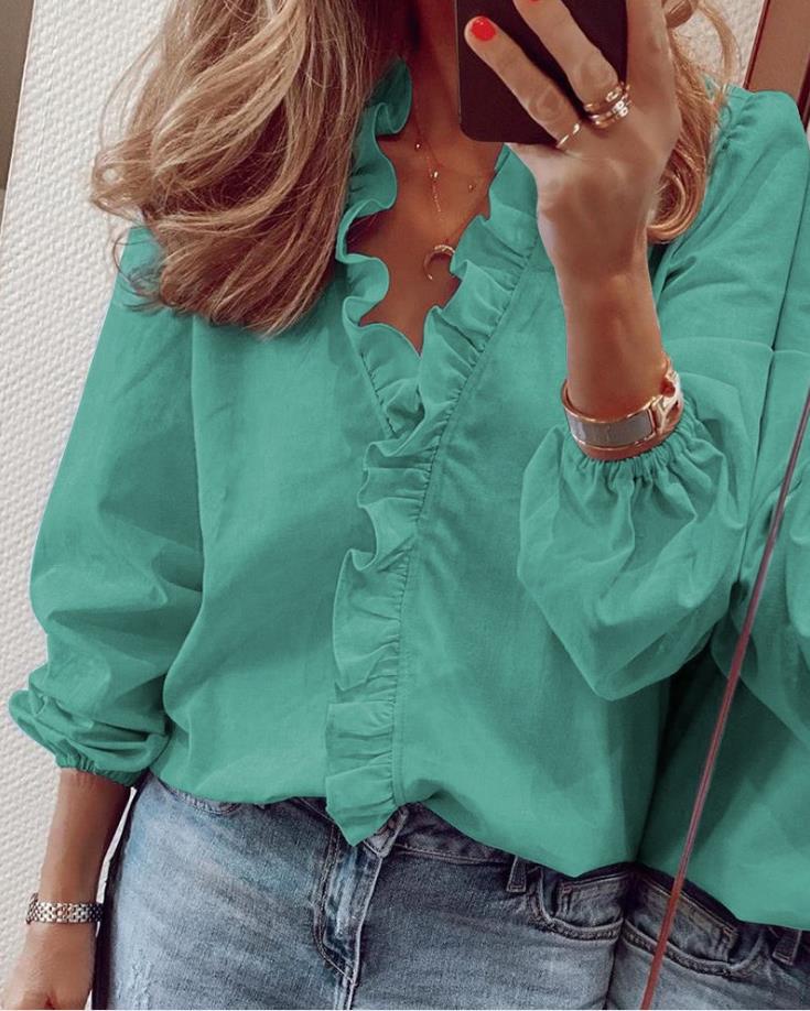 Romina - blouse à col en V avec manches longues et volants pour femmes