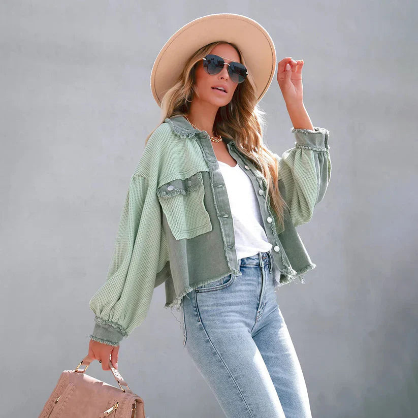 Yara | Cropped jas dames met gerafelde zoom - Groen