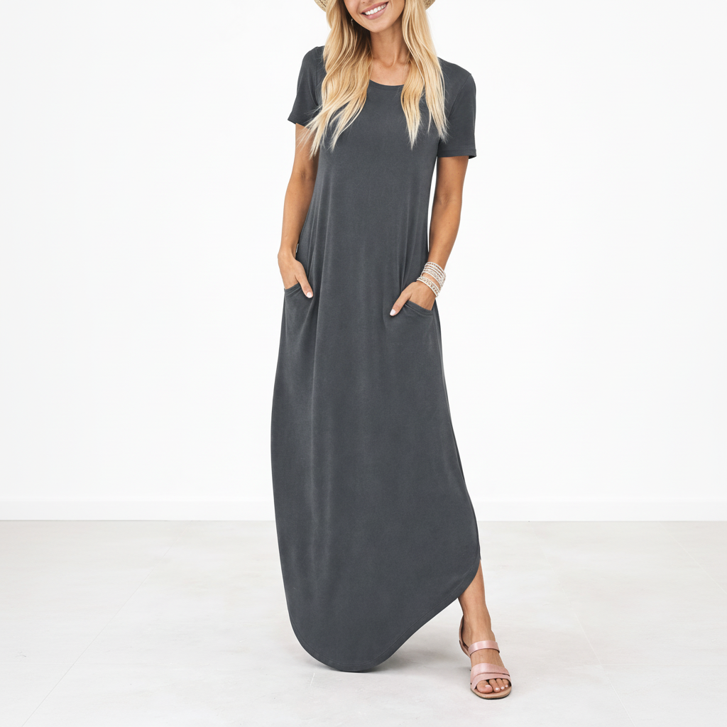 Yara | Maxi jurk voor dames met korte mouw - Grijs