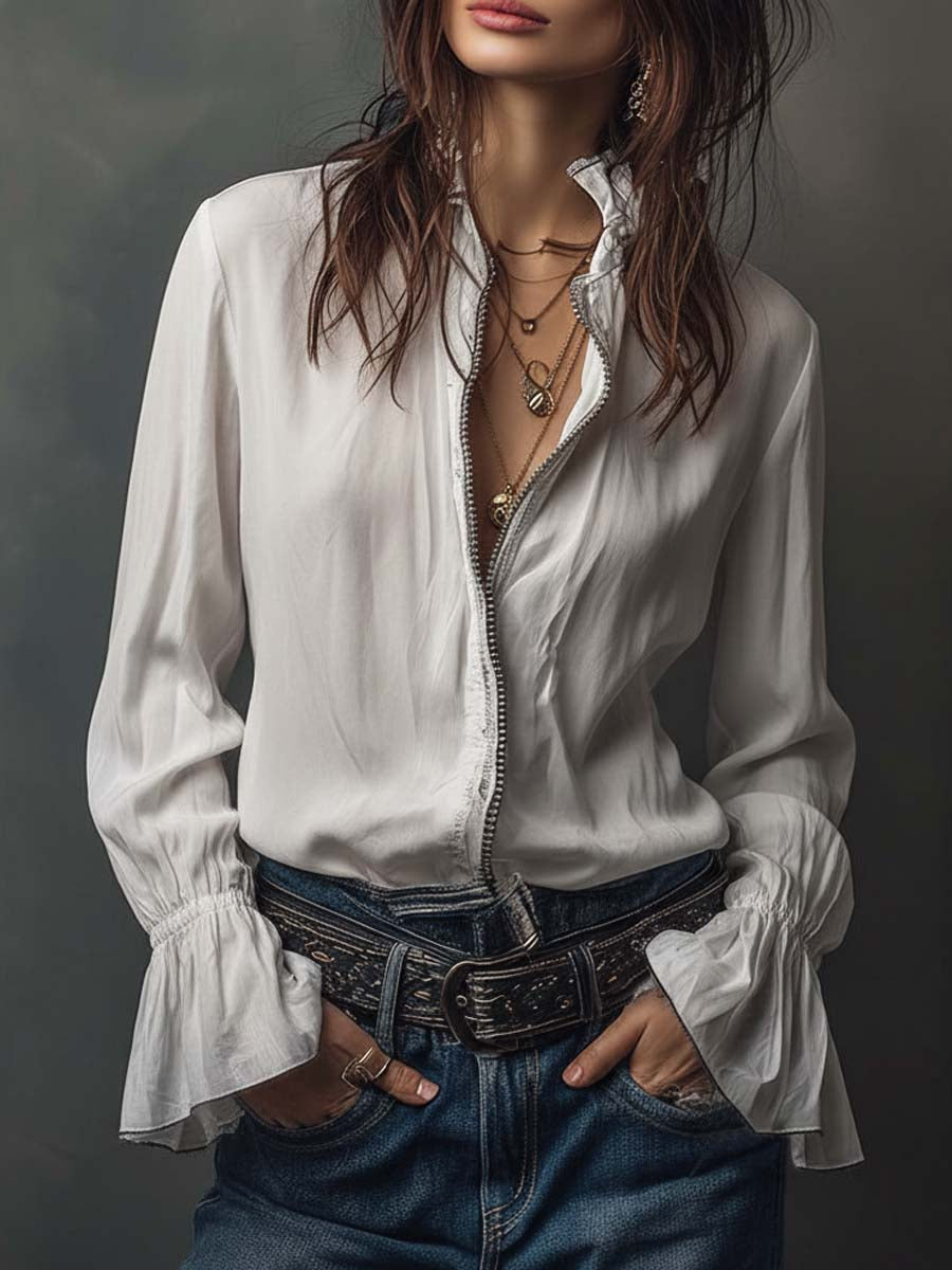 Zoë | Getailleerde blouse met ruche manchetten - Wit